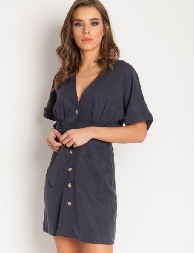 Μπλε Robin κοντομάνικο κοντό shirt-look φόρεμα με εξωτερικές μπροστινές τσέπες και αποσπώμενη ζώνη στην μέση Mind Matter