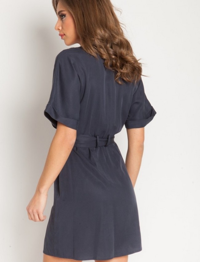 Μπλε Robin κοντομάνικο κοντό shirt-look φόρεμα με εξωτερικές μπροστινές τσέπες και αποσπώμενη ζώνη στην μέση Mind Matter