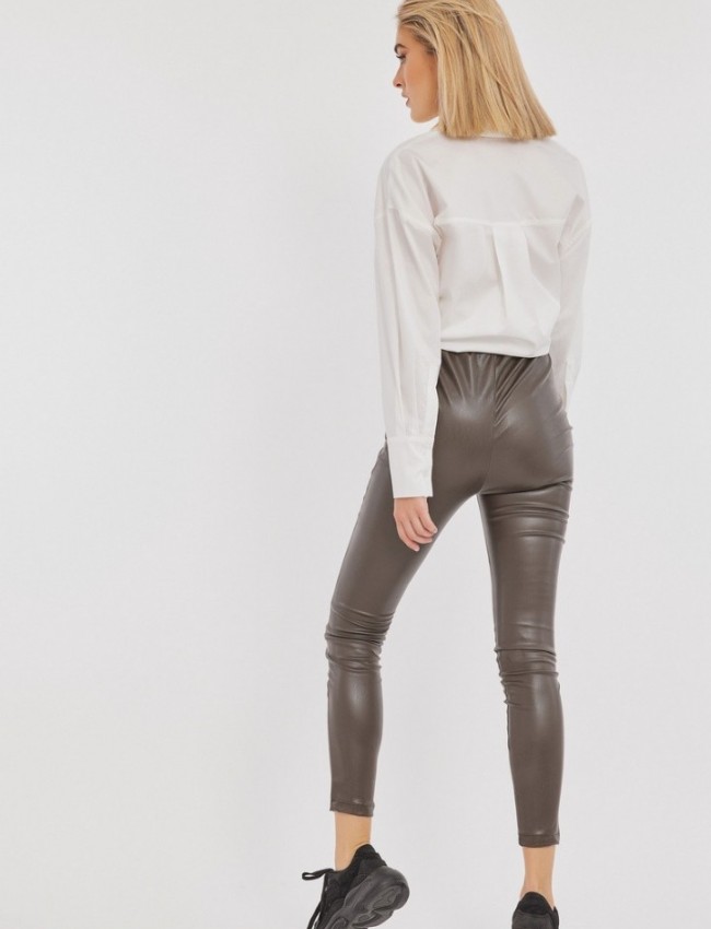 Χακί ψηλόμεσο faux-leather STATE παντελόνι-κολάν με εσωτερική επένδυση και λάστιχο στην μέση Mind Matter 
