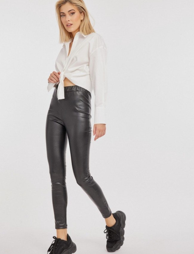 Μαύρο ψηλόμεσο faux-leather STATE παντελόνι-κολάν με εσωτερική επένδυση και λάστιχο στην μέση Mind Matter