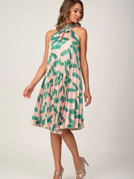 Floral printed ροζ-πράσινο αμάνικο midi πλισσέ φόρεμα, με κλειστή στρογγυλή λαιμόκοψη, παρτούς ώμους και αποσπώμενη υφασμάτινη ζώνη Personal