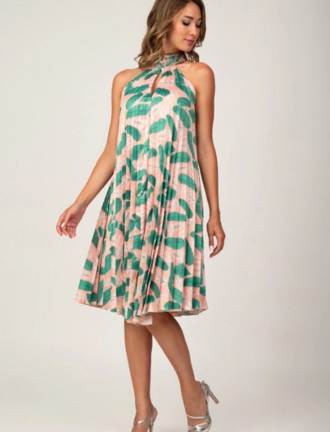 Floral printed ροζ-πράσινο αμάνικο midi πλισσέ φόρεμα, με κλειστή στρογγυλή λαιμόκοψη, παρτούς ώμους και αποσπώμενη υφασμάτινη ζώνη Personal