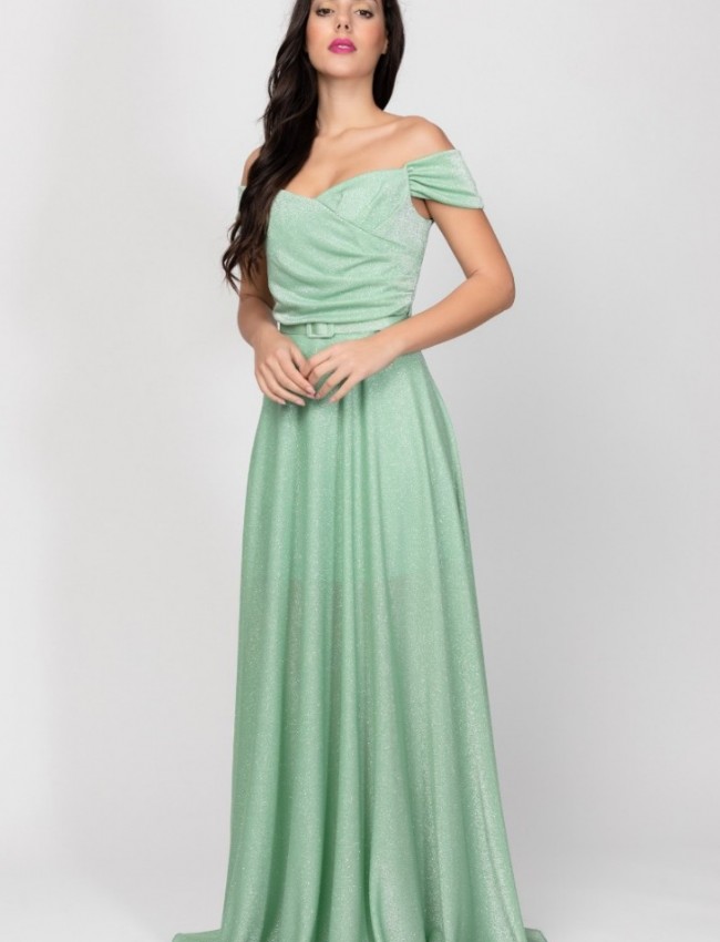Πράσινο off shoulder maxi φόρεμα σε κλος γραμμή με αποσπώμενο ζωνάκι στη μέση και αποσπώμενες ρυθμιζόμενες τιράντες Personal