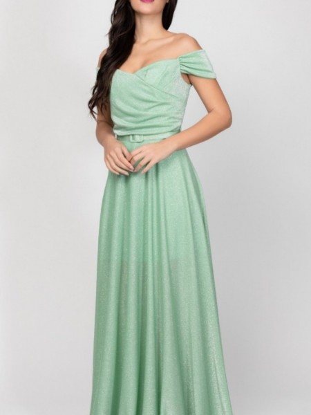 Πράσινο lurex strapless maxi φόρεμα σε κλος γραμμή , με αποσπώμενες τιράντες, έξω ωμους και λεπτή αποσπώμενη ζώνη Personal 