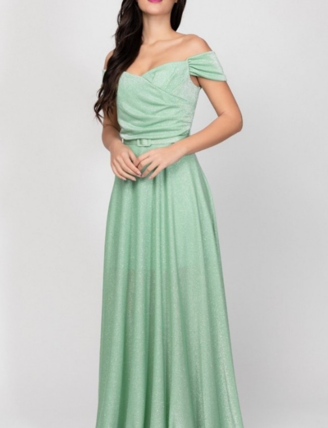 Πράσινο lurex strapless maxi φόρεμα σε κλος γραμμή , με αποσπώμενες τιράντες, έξω ωμους και λεπτή αποσπώμενη ζώνη Personal 