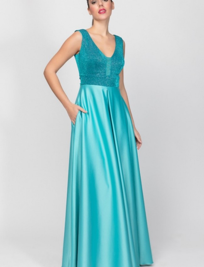 Πετρολ αμάνικο maxi φόρεμα σε κλος γραμμή, με lurex μπούστο και σατέν φούστα με κουφόπιετα στο μπροστά μέρος και ζώνη στο πίσω μέρος Cecilia