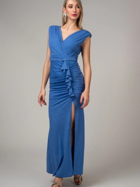Indigo lurex αμάνικο maxi κρουαζέ φόρεμα σε εφαρμοστή γραμμή, με σούρες, μπροστινό σκίσιμο και αποσπώμενη ζώνη στην μέση Cecilia by Personal