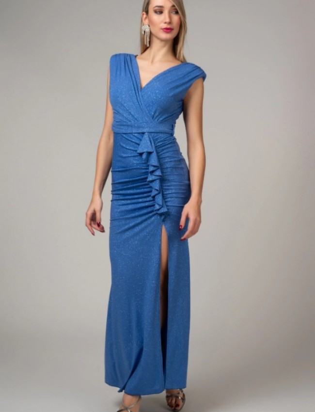 Indigo lurex αμάνικο maxi κρουαζέ φόρεμα σε εφαρμοστή γραμμή, με σούρες, μπροστινό σκίσιμο και αποσπώμενη ζώνη στην μέση Cecilia by Personal