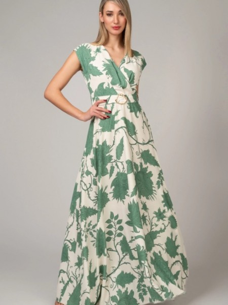Floral printed πράσινο κρουαζέ αμάνικο maxi φόρεμα σε κλος γραμμή και αποσπώμενη σταθερή ζώνη στην μέση Cecilia by personal