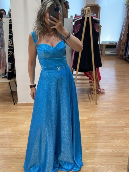 Πετρόλ lurex αμάνικο maxi φόρεμα σε κλος γραμμή, με τετράγωνο μπούστο, αποσπώμενα πλαϊνά μανίκια και αποσπώμενη ζώνη Personal