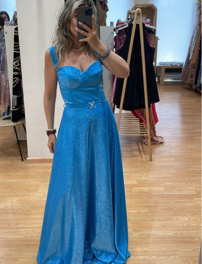 Πετρόλ lurex αμάνικο maxi φόρεμα σε κλος γραμμή, με τετράγωνο μπούστο, αποσπώμενα πλαϊνά μανίκια και αποσπώμενη ζώνη Personal