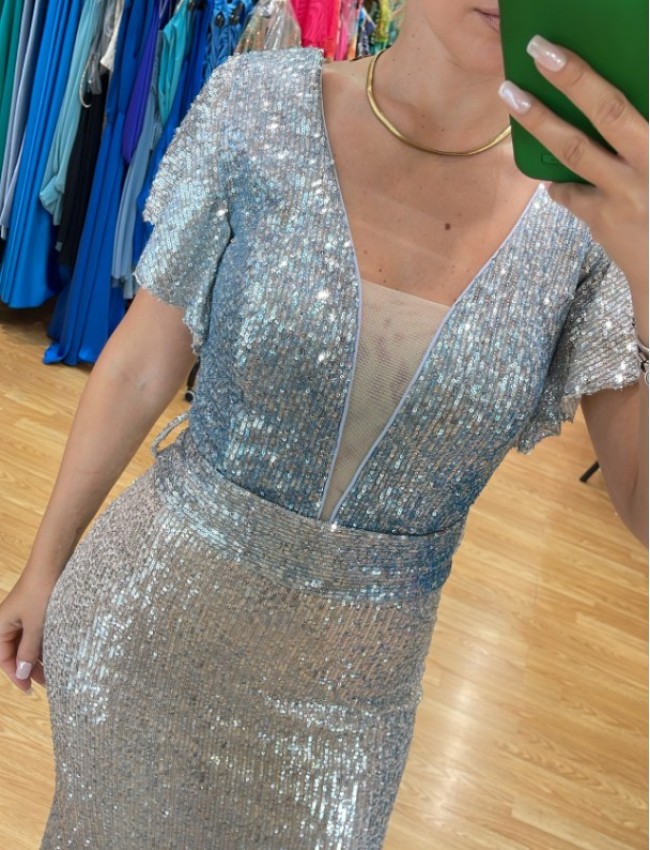Γαλάζιο dégradé παγετένιο κοντομάνικο maxi φόρεμα με αποσπώμενη ζώνη στη μέση Personal