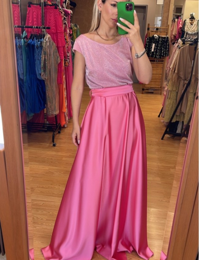 Ροζ αμάνικο maxi φόρεμα με lurex μπούστο και σατέν φούστα Personal