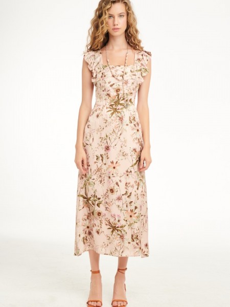 Floral printed ροζ σατέν αμάνικο midi φόρεμα με βολάν στους ώμους, τετράγωνη λαιμόκοψη και μικρές σούρες στην σταθερή μπάσκα στη μέση Badoo