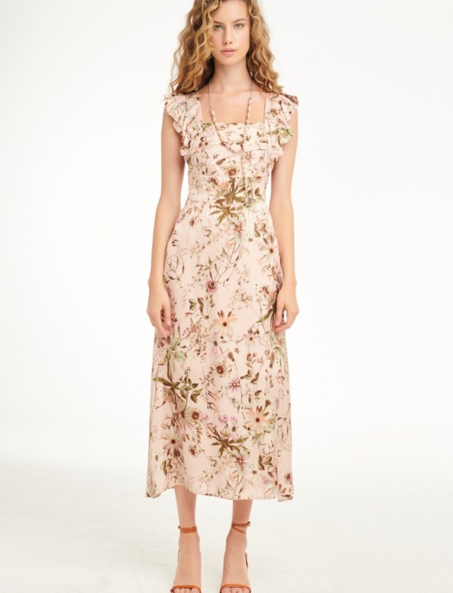 Floral printed ροζ σατέν αμάνικο midi φόρεμα με βολάν στους ώμους, τετράγωνη λαιμόκοψη και μικρές σούρες στην σταθερή μπάσκα στη μέση Badoo