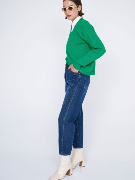 Blue jean ψηλόμεσο slouchy fit παντελόνι με διακοσμητικά γαζιά μπροστά και τετράγωνες τσέπες πίσω Ale
