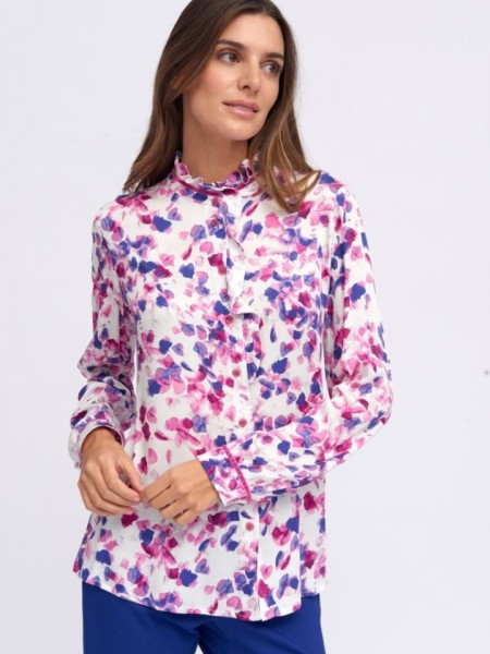Floral printed magenta satin touch μακρυμάνικο πουκάμισο BETIA σε ίσια γραμμή με κουφόπιετα στην πλάτη και βελουτέ ρέλι στις μανσέτες στα μανίκια Tinta 