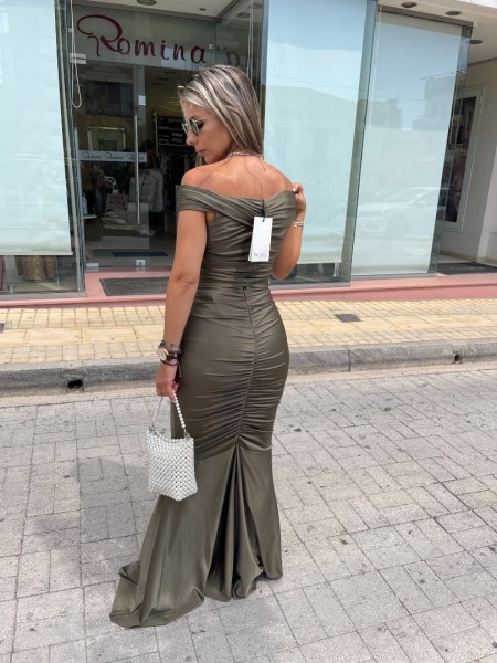 Λαδί ψηλόμεση ελαστική maxi Vivian φούστα, σε γοργονέ γραμμή και σούρες Be You