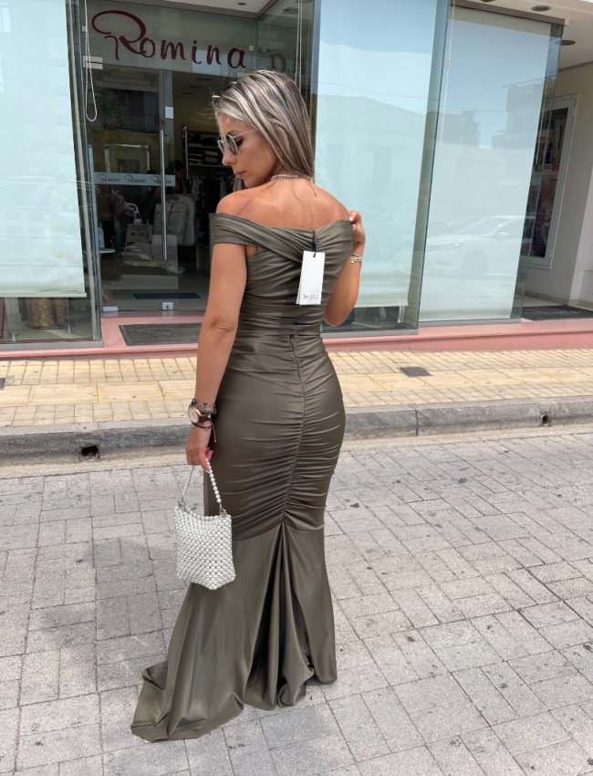Λαδί ψηλόμεση ελαστική maxi Vivian φούστα, σε γοργονέ γραμμή και σούρες Be You