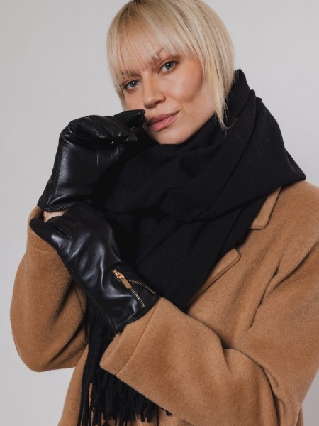 Μαύρα real-leather γάντια με εξωτερικό χρυσό φερμουάρ Rino e Pelle