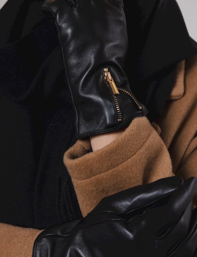 Μαύρα real-leather γάντια με εξωτερικό χρυσό φερμουάρ Rino e Pelle