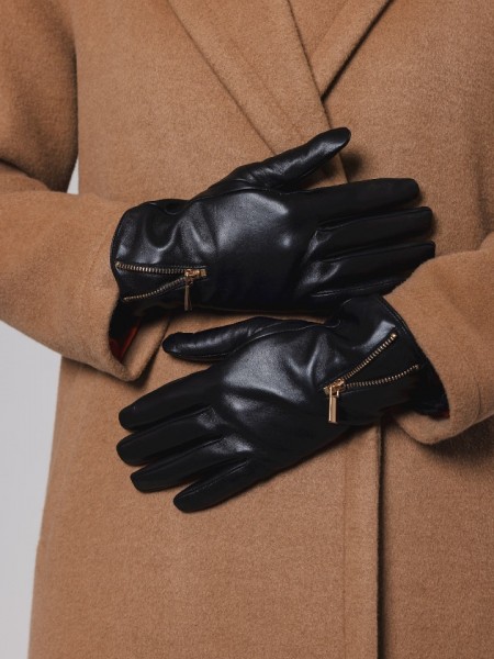 Μαύρα real-leather γάντια με εξωτερικό χρυσό φερμουάρ Rino e Pelle