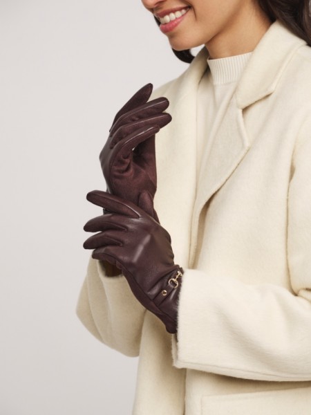 Καφέ  faux-leather γάντια με χρυσή αγκράφα και συνδυασμό υφασμάτων  Rino e Pelle