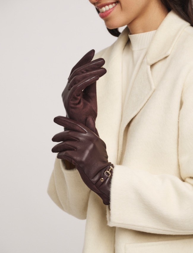Καφέ  faux-leather γάντια με χρυσή αγκράφα και συνδυασμό υφασμάτων  Rino e Pelle
