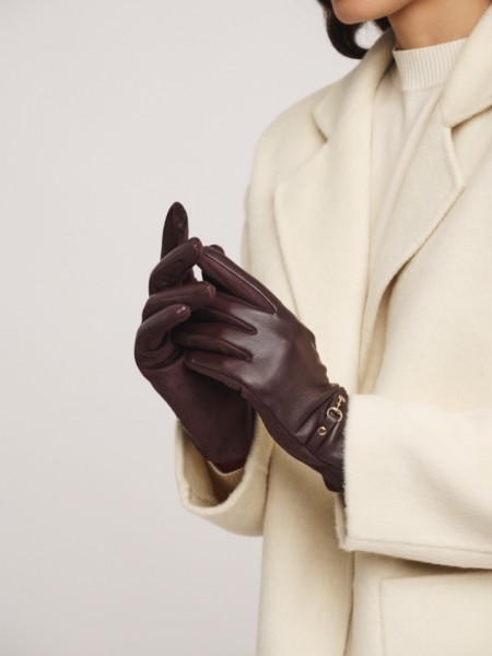 Καφέ  faux-leather γάντια με χρυσή αγκράφα και συνδυασμό υφασμάτων  Rino e Pelle