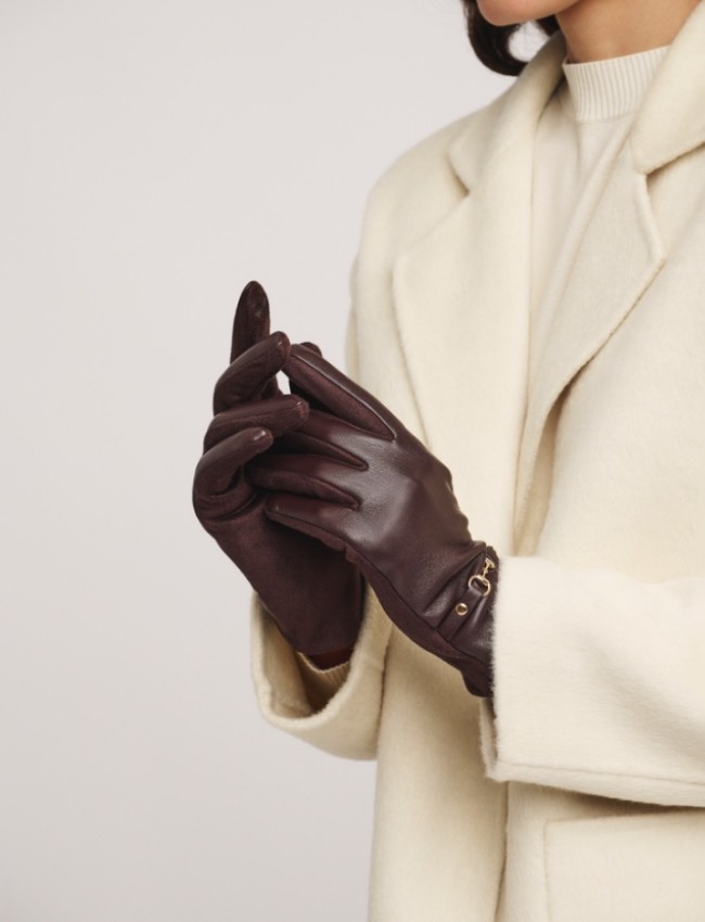 Καφέ  faux-leather γάντια με χρυσή αγκράφα και συνδυασμό υφασμάτων  Rino e Pelle
