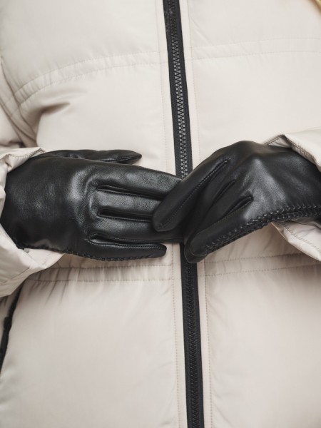 Μαύρα real-leather γάντια με εξωτερική ραφή και φούντες Rino e Pelle