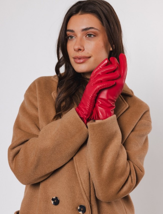 Μπορντώ real-leather γάντια με εξωτερική ραφή και φούντες Rino e Pelle