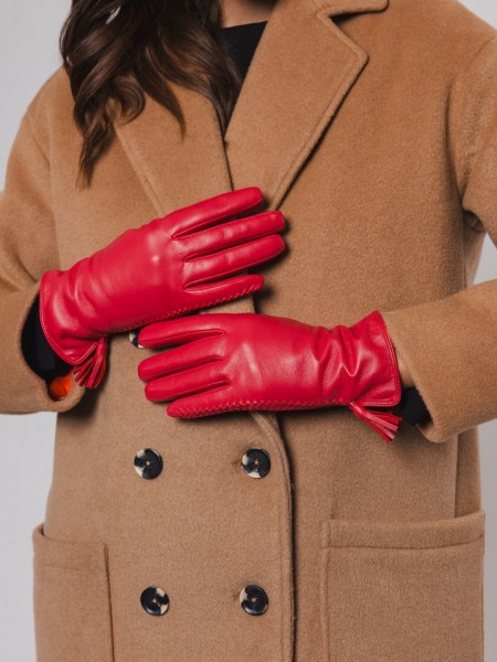 Μπορντώ real-leather γάντια με εξωτερική ραφή και φούντες Rino e Pelle
