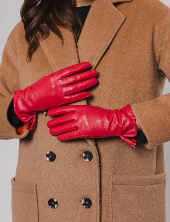Μπορντώ real-leather γάντια με εξωτερική ραφή και φούντες Rino e Pelle