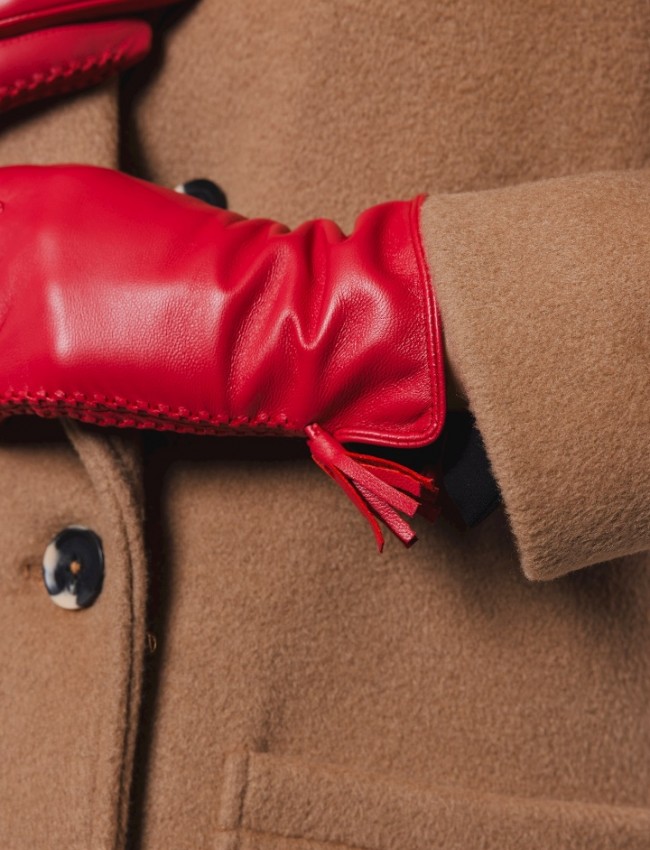 Μπορντώ real-leather γάντια με εξωτερική ραφή και φούντες Rino e Pelle