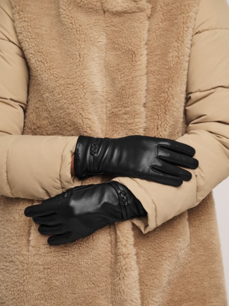 Μαύρα real-leather γάντια με πατιλέτες με διακοσμητικό κόμπο Rino e Pelle