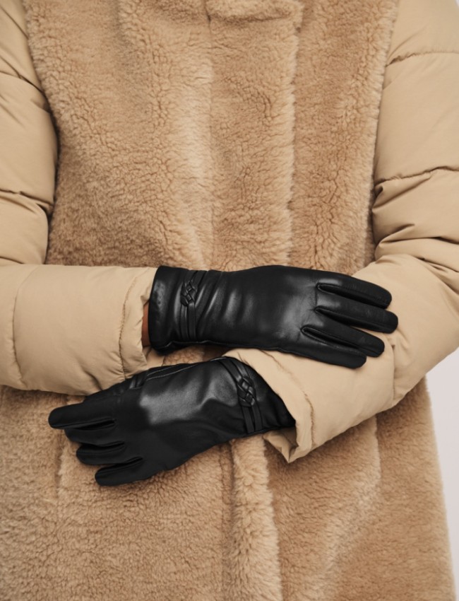 Μαύρα real-leather γάντια με πατιλέτες με διακοσμητικό κόμπο Rino e Pelle