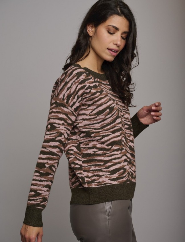 Animal printed ροζ μακρυμάνικη πλεκτή μπλούζα σε ίσια γραμμή, με πυκνή λεπτή πλέξη, στρογγυλή λαιμόκοψη και ριπ τελειώματα rino e pelle 
