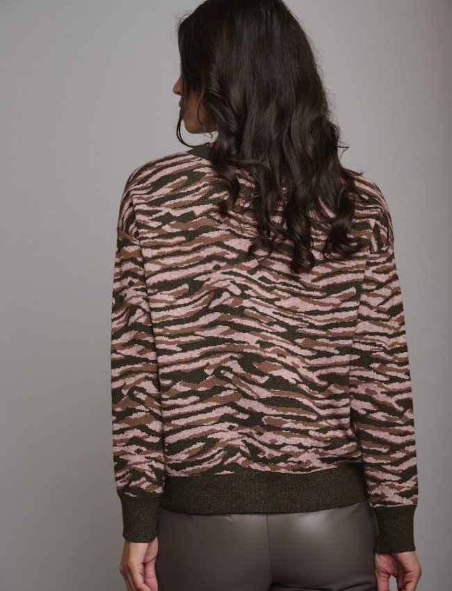 Animal printed ροζ μακρυμάνικη πλεκτή μπλούζα σε ίσια γραμμή, με πυκνή λεπτή πλέξη, στρογγυλή λαιμόκοψη και ριπ τελειώματα rino e pelle 