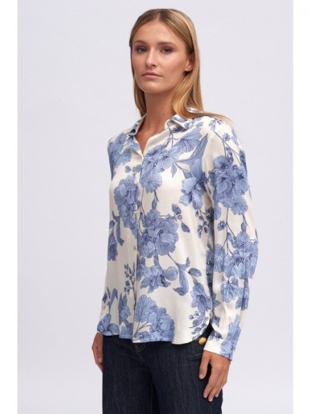 Floral printed εκρού-ίντιγκο satin touch μακρυμάνικο πουκάμισο KISHI  με κουφόπιετα στην πλάτη, φιλντισένια κουμπιά και μικρές πιέτες στις μανσέτες στα μανίκια Tinta