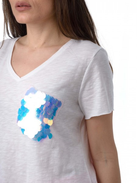 Λευκό t-shirt με τσεπάκι-παγιέτες Vener 