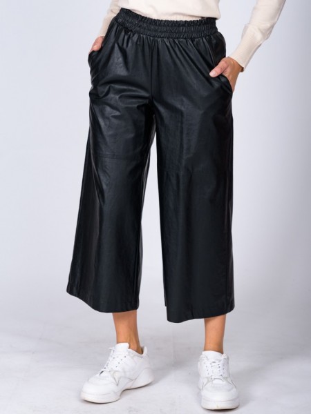 Μαύρη ψηλόμεση faux leather ζιπ-κυλότ με λάστιχο στην μέση, πλαινές τσέπες και διακοσμητικά εξώραφα Vener