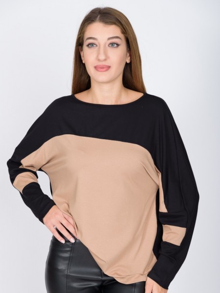 Δίχρωμη μαύρη-κάμελ μακρυμάνικη μπλούζα loose-fit με χαμόγελο λαιμόκοψη και ρεγκλάν μανικοκόλληση Vener