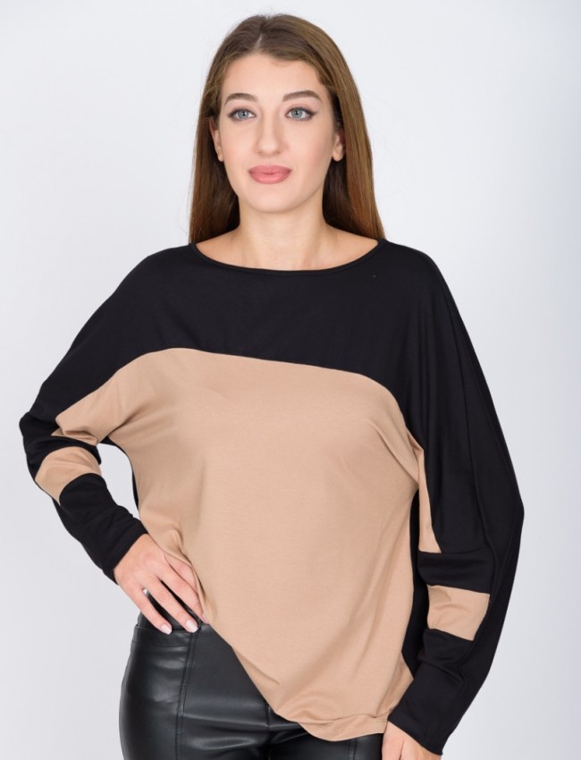Δίχρωμη μαύρη-κάμελ μακρυμάνικη μπλούζα loose-fit με χαμόγελο λαιμόκοψη και ρεγκλάν μανικοκόλληση Vener