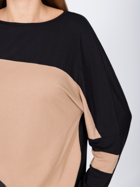 Δίχρωμη μαύρη-κάμελ μακρυμάνικη μπλούζα loose-fit με χαμόγελο λαιμόκοψη και ρεγκλάν μανικοκόλληση Vener