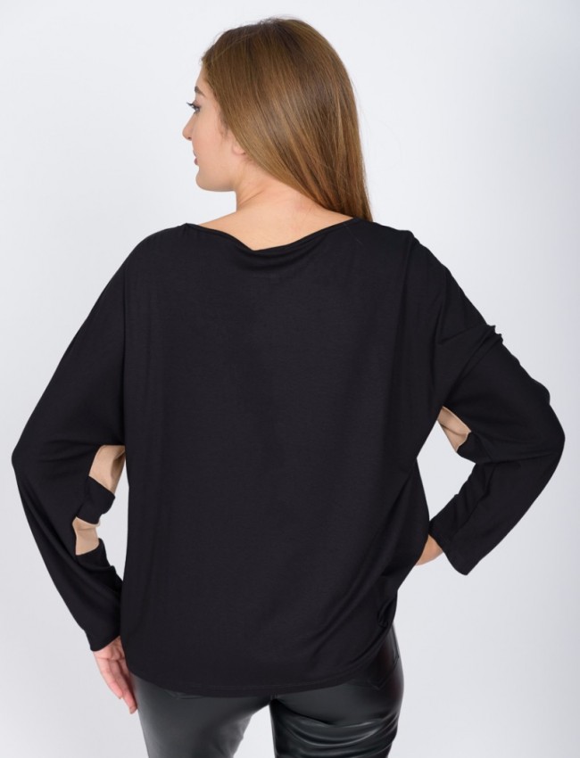 Δίχρωμη μαύρη-κάμελ μακρυμάνικη μπλούζα loose-fit με χαμόγελο λαιμόκοψη και ρεγκλάν μανικοκόλληση Vener