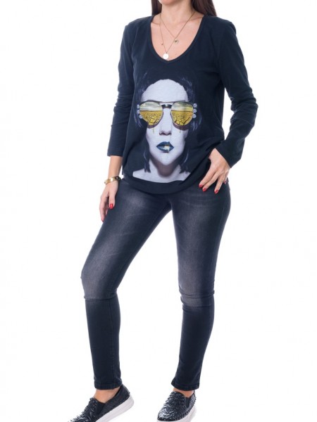 Μαύρο μακρυμάνικο t-shirt με V-λαιμόκοψη και τύπωμα με χρυσά γυαλιά Vener 
