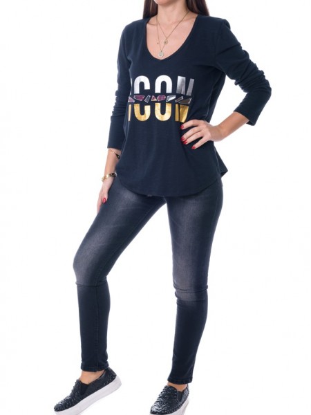 Μαύρο μακρυμάνικο t-shirt με V-λαιμόκοψη και δίχρωμο τύπωμα "ICON"  Vener 